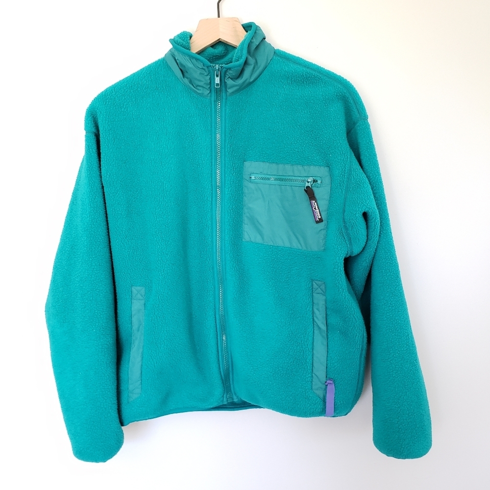 Patagonia Teal Vintage Deep Pile Retro Zip Up Fleece Jacket Made in USA - Picture 2 of 5